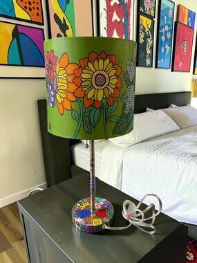 Hand Painted Floral Table Lamp Bright Colorful Flowers 20" high 1of 2